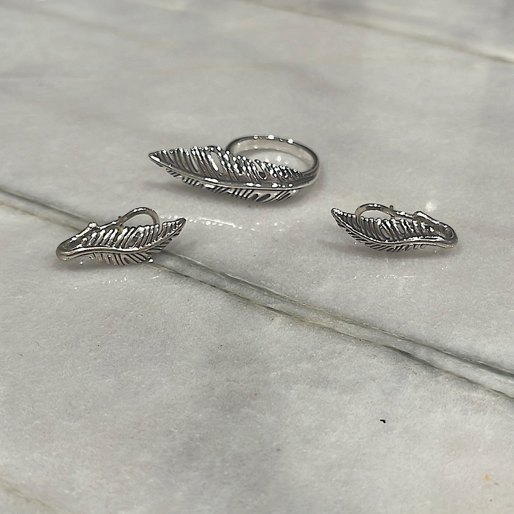 American West Genuine 925 Sterling Silver Feather Ring (Size 10) & Ear Climbers
